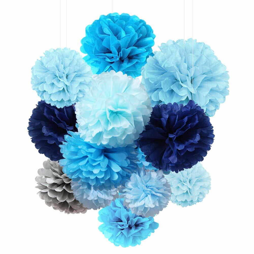 13 Tissue Paper Flowers Pom Poms Decorations Blue Bright Colorful Large Assorted