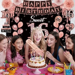 Sweet 16 Birthday Decorations Set, 52Pcs Rose Gold & Black, Crown, Sash, Banner,