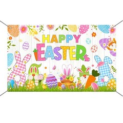 Happy Easter Banner Backdrop Spring Bunny Rabbit White Rustic Wooden Wall Photo