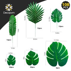 108 Pack Palm Leaves Artificial Tropical Monstera – 6 Kinds Large Small Green