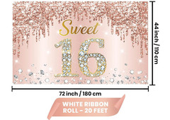 SWEET 16 BIRTHDAY BANNER WALL BACKDROP BACKGROUND PINK ROSE GOLD XL NEW 72″X 44″