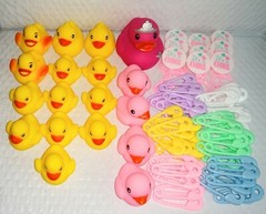 80 Assorted Baby Shower Decorations Game Pieces Favors Ducks Rattle Diaper Pins