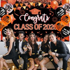 Orange and Black Graduation Decorations Class of 2026 Banner with 18 Pcs Grad…