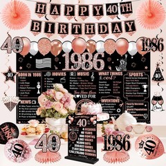 40th Birthday Party Decorations Set – 25PCS Black Rose Gold Banner, Balloons, Ba