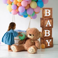BabyWood Grain Brown Boxes – 4 Pcs Baby Gift Set with Letters, Teddy Bear The…