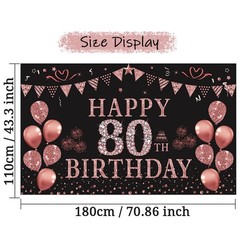 80th Birthday Backdrop Banner Rose Gold 5.9×3.6ft Party Photography Women