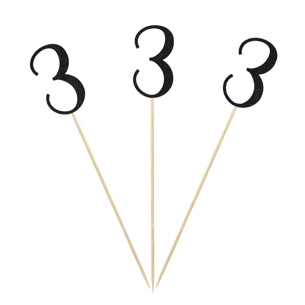 3rd Birthday Centerpiece Sticks Number 3 Table Topper Black Glitter 12 PCS Set