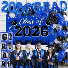 2026 Graduation Party Decorations Blue Black Balloon Boxes Arch Kit Backdrop