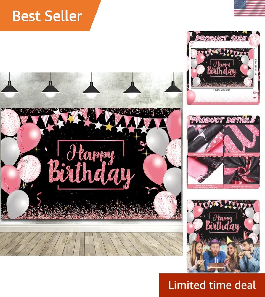Chic Pink and Black Glitter Birthday Decoration Banner – Large Size 72.8×43.3