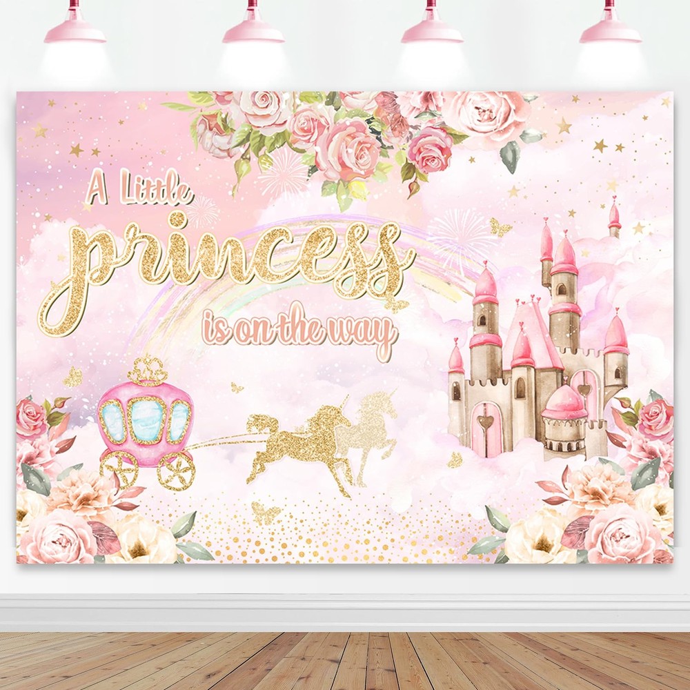 Mocsicka Princess Baby Shower Backdrop 7x5ft Floral Castle Carriage Pink