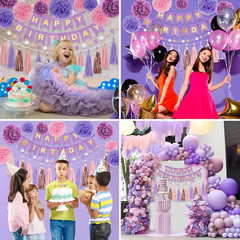 Purple Pink Birthday Decoration Set with Banner, Pompoms, Tassel for Party Decor