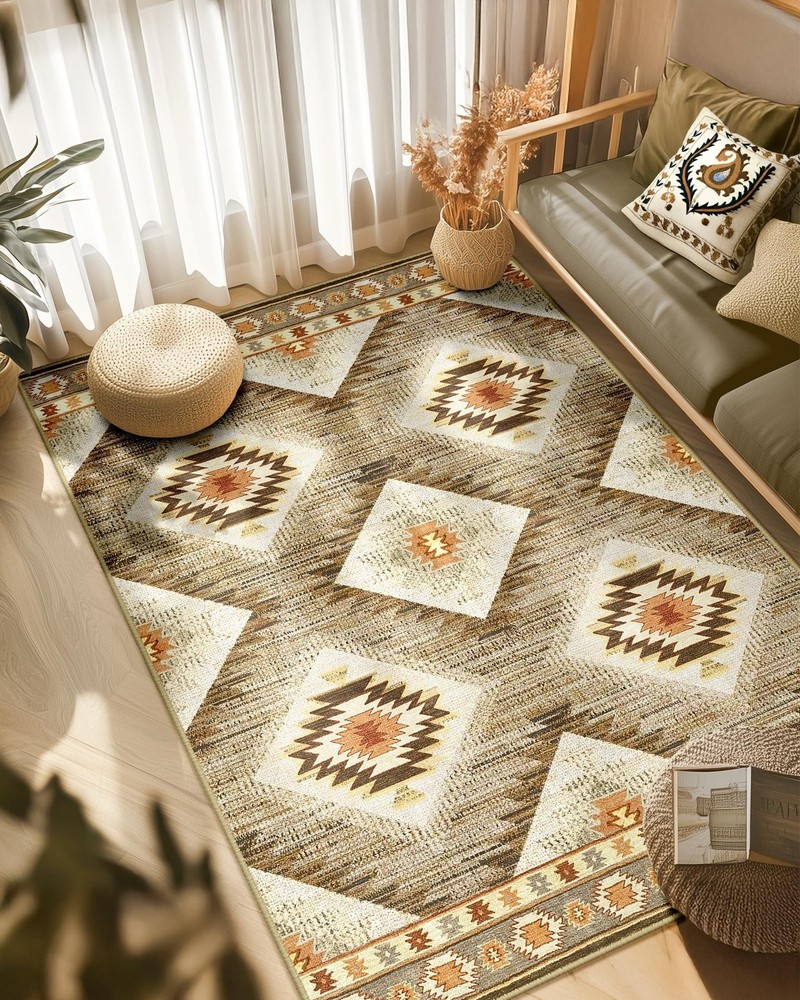 Area Rug 5×7 Rug Machine Washable Non-Slip Low Pile Print Pattern Western Rug…
