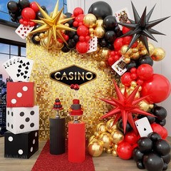 Casino Balloon Arch Garland Kit with Red Black and Gold Balloons Dice Boxes Rand