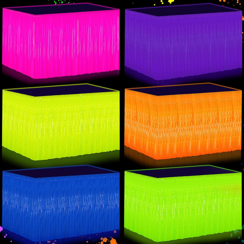 6Pack Neon Tinsel Fringe Table Skirts, 31.5″X118″ for Parties and Events