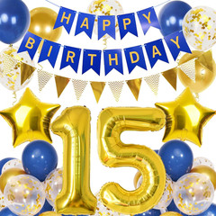 15Th Birthday Decorations Boys, Navy Blue Gold Balloons and Happy Birthday Banne