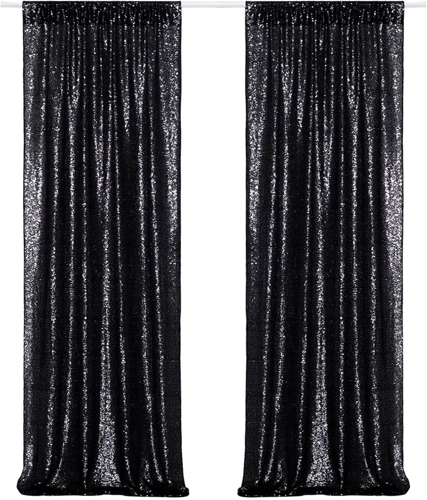 Black Sequin Backdrop Curtains, 2 Panels 2FTx8FT Glitter Photo Booth Backdrop