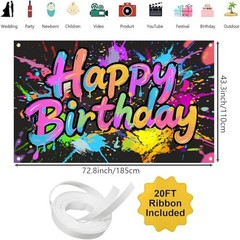 Neon Birthday Party Decorations, Neon Happy Birthday Banner Backdrop Sign,