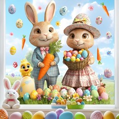 Large Easter Window Decoration Clings Double-Sided Bunny Decals Home Indoor Deco