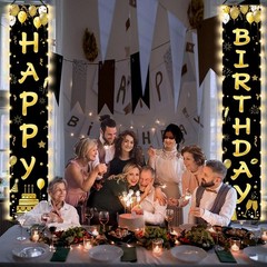 Black Gold Happy Birthday Door Banner Lighted 70.9 x 11.8 inches, black gold