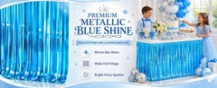 Light Blue Foil Fringe Table Skirt, 2-Pack Disposable Metallic Tinsel Streamers,
