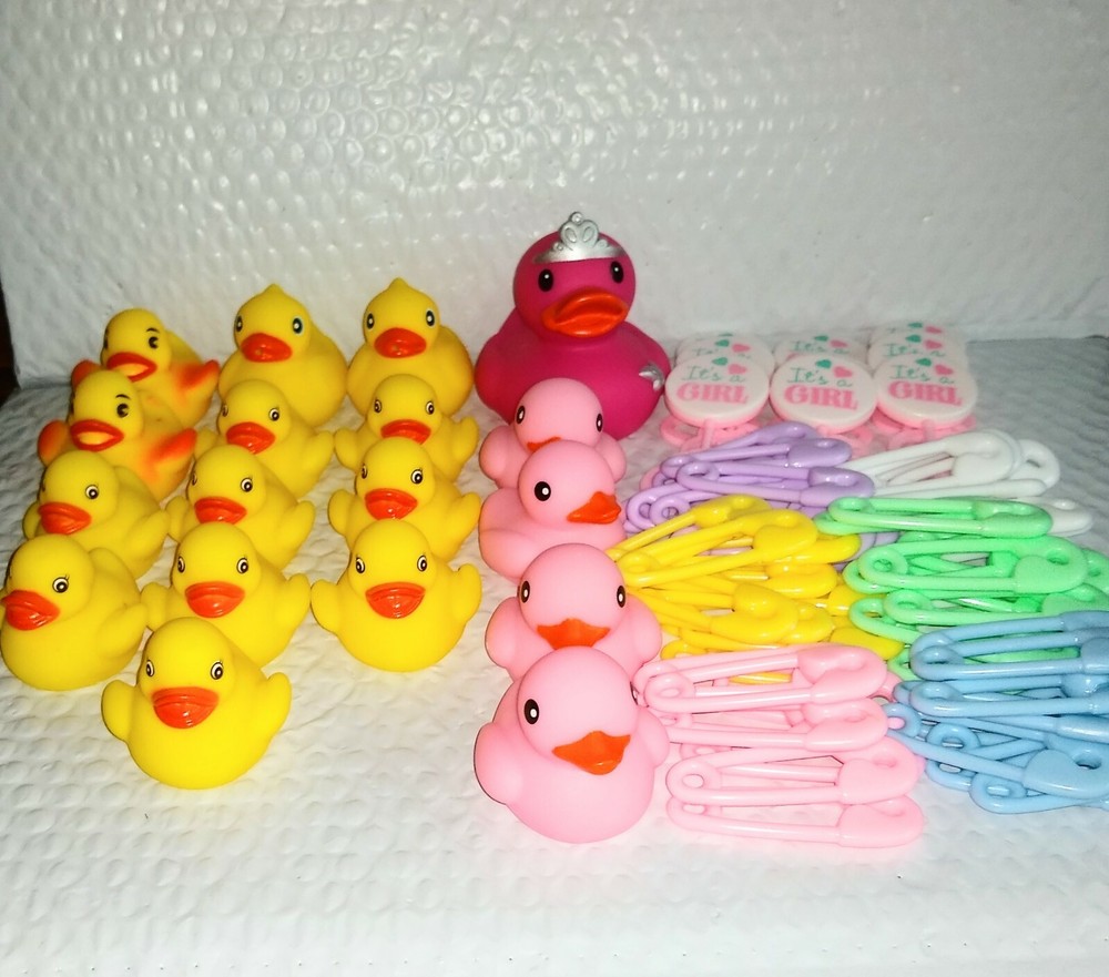 80 Assorted Baby Shower Decorations Game Pieces Favors Ducks Rattle Diaper Pins
