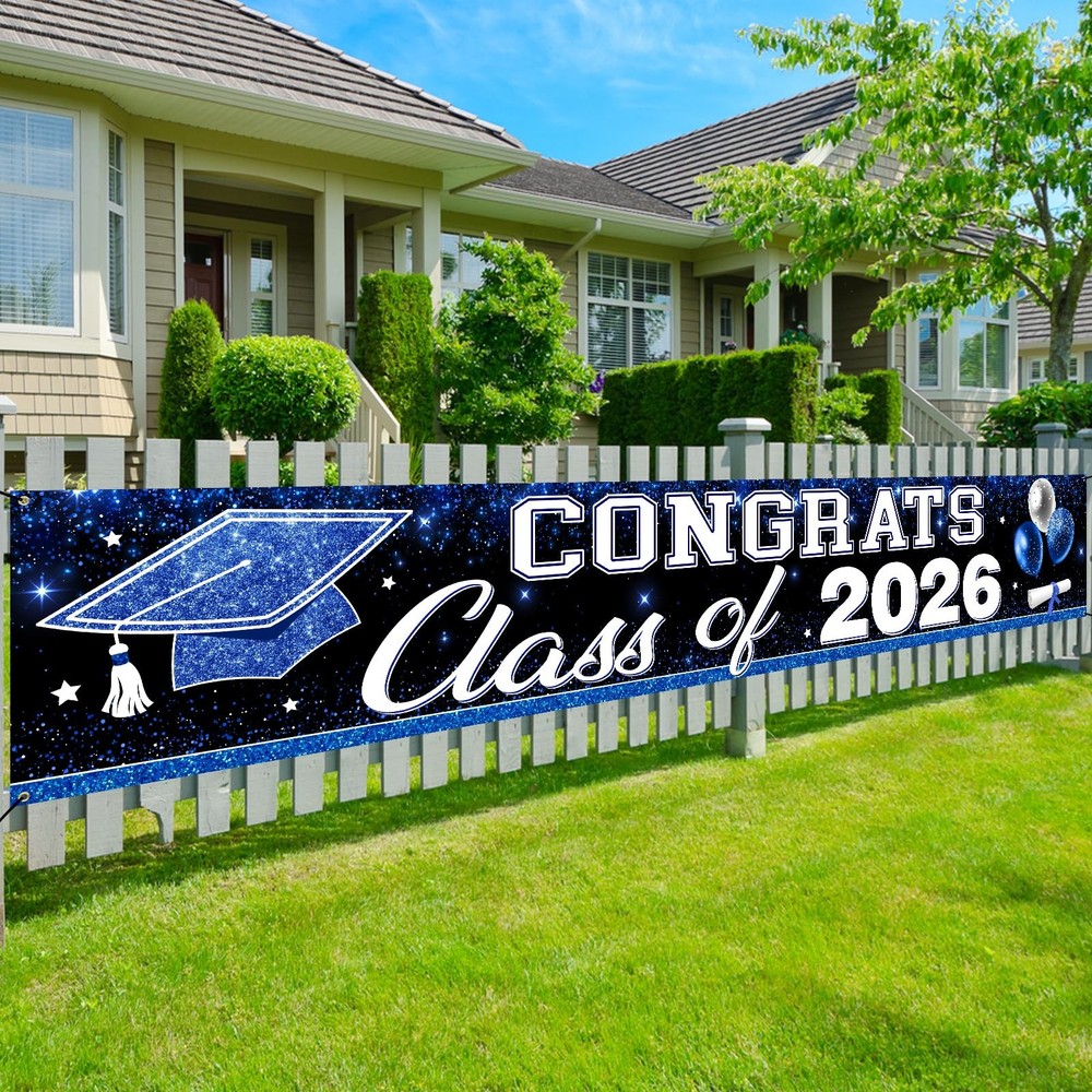 Blue White Class of 2026 Graduation Party Decorations, 9 4/5ft Congrats Grad Yar