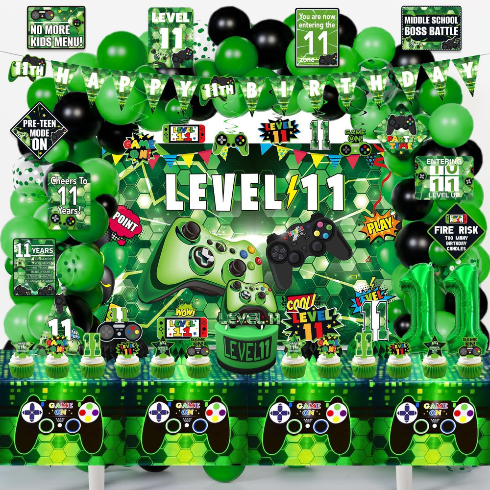 11Th Birthday Decorations for Boys, 149Pcs Green Video Game Level 11 Party Suppl