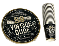 80th Birthday Celebration Set Vintage Dude – 25 Plates & 25 Cups – Aged 80 Years