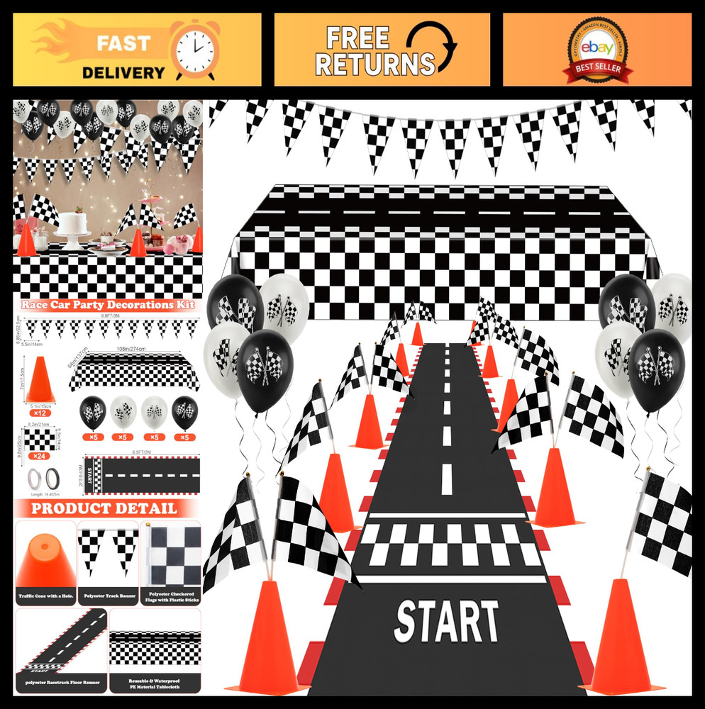 Race Car Party Decorations Set – 61 Pcs with Traffic Cones, Checkered Flags, Rac