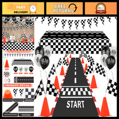 Race Car Party Decorations Set – 61 Pcs with Traffic Cones, Checkered Flags, Rac