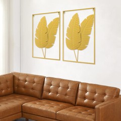 2PCS Wall Decorations Gold Iron Leaf Wall Hanging Home Decor w/Frame Wall Decor