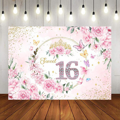 7x5ft Sweet 16 Backdrop Banner Decorations for Girls Birthday Party Pink Floral