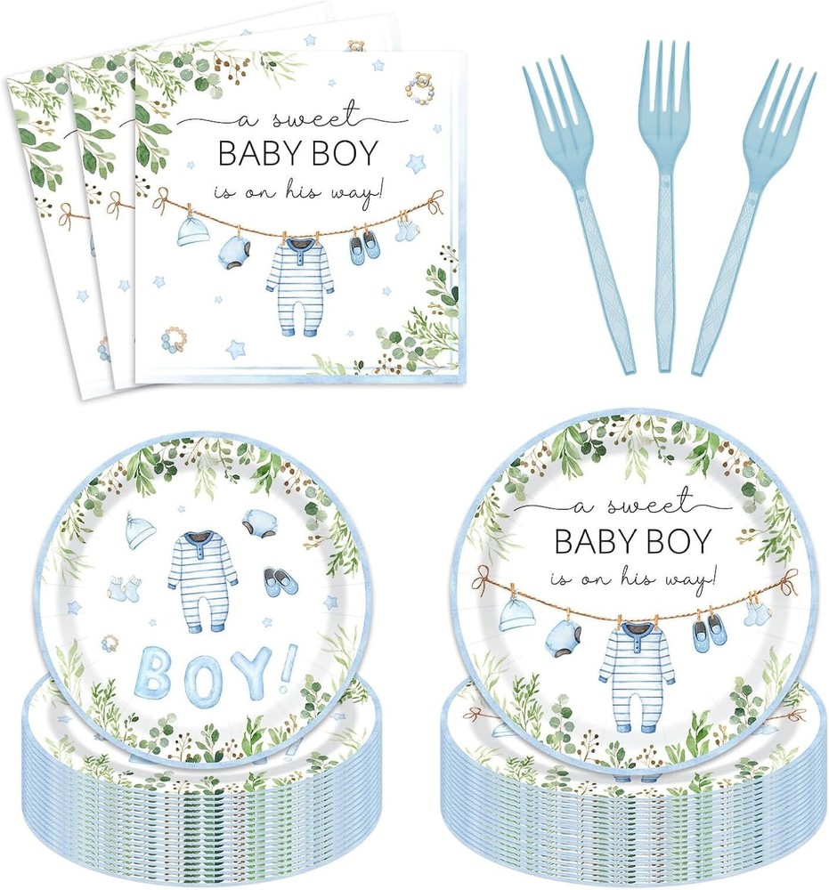 Sweet Boy Themed Baby Shower Disposable Tableware Set (Plates, Napkins, Forks)