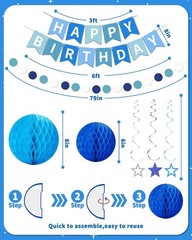 Blue Happy Birthday Decorations, Happy Birthday Banner with Honeycomb Balls, …
