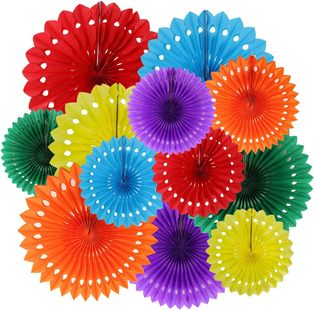 Hanging Paper Fans Party Decorations,12 Pcs Rainbow Honeycomb round Fans,Colourf