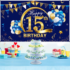 Blue Gold 15Th Birthday Banner Decorations for Boy – Backdrop Party Supplies – 1
