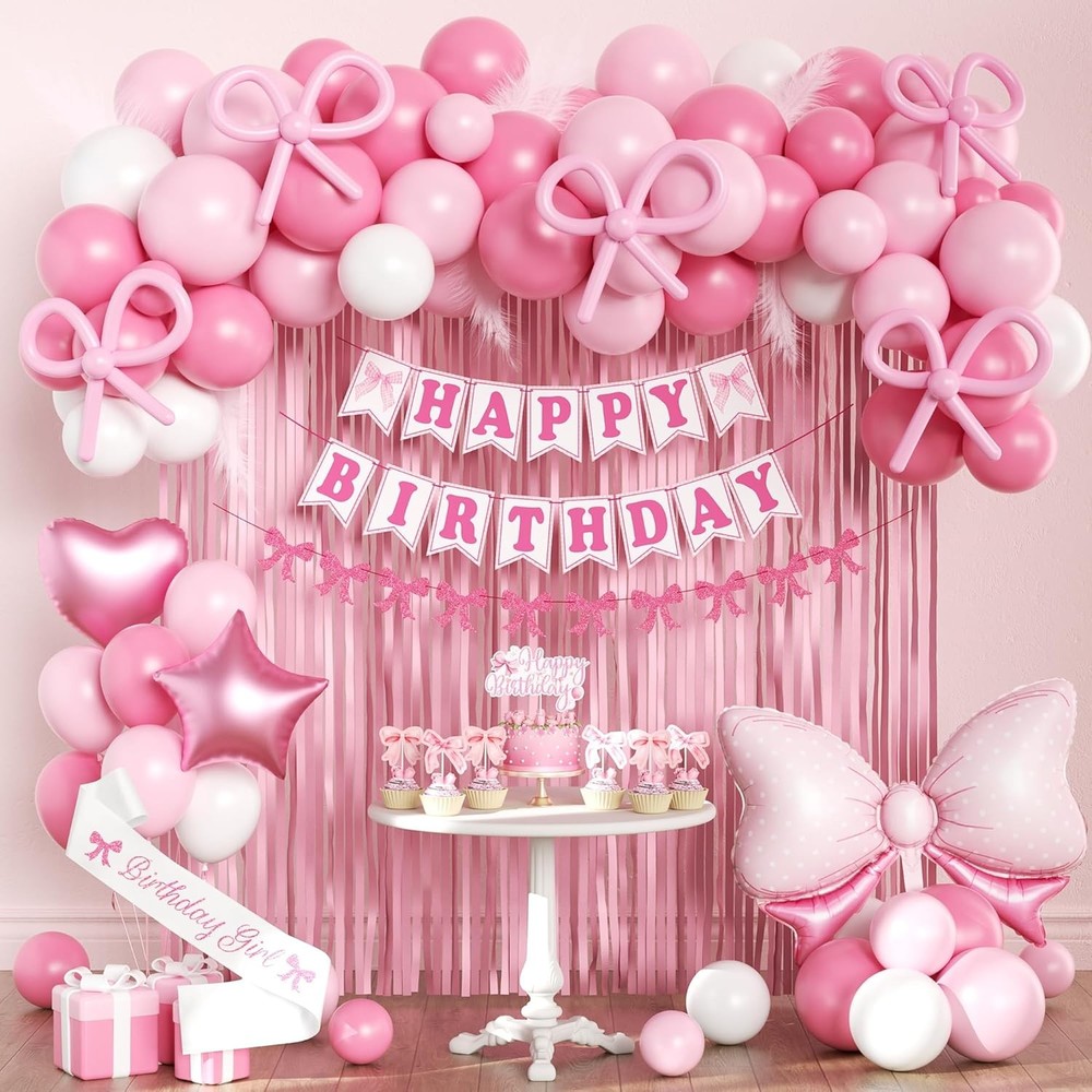 Pink Bow Birthday Decorations for Girls Women, Coquette Birthday Decorations, Fr