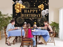 7x5ft Happy Birthday Backdrop Banner, Birthday Party Decor,Black Gold Poster Pho