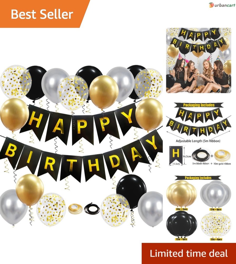Elegant Black & Gold Birthday Banner & Balloon Set