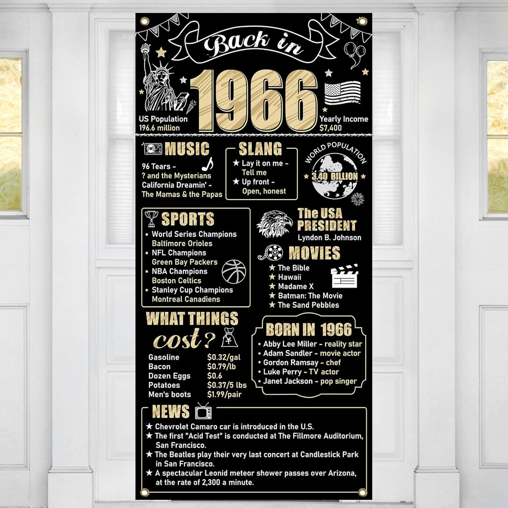 60th Birthday Decorations Back in 1966 Door Banner for Men Women, Black Gold Hap
