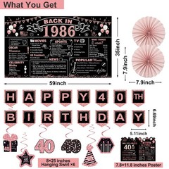 40th Birthday Decorations for Women,32PCS Back in 1986 Party Black
