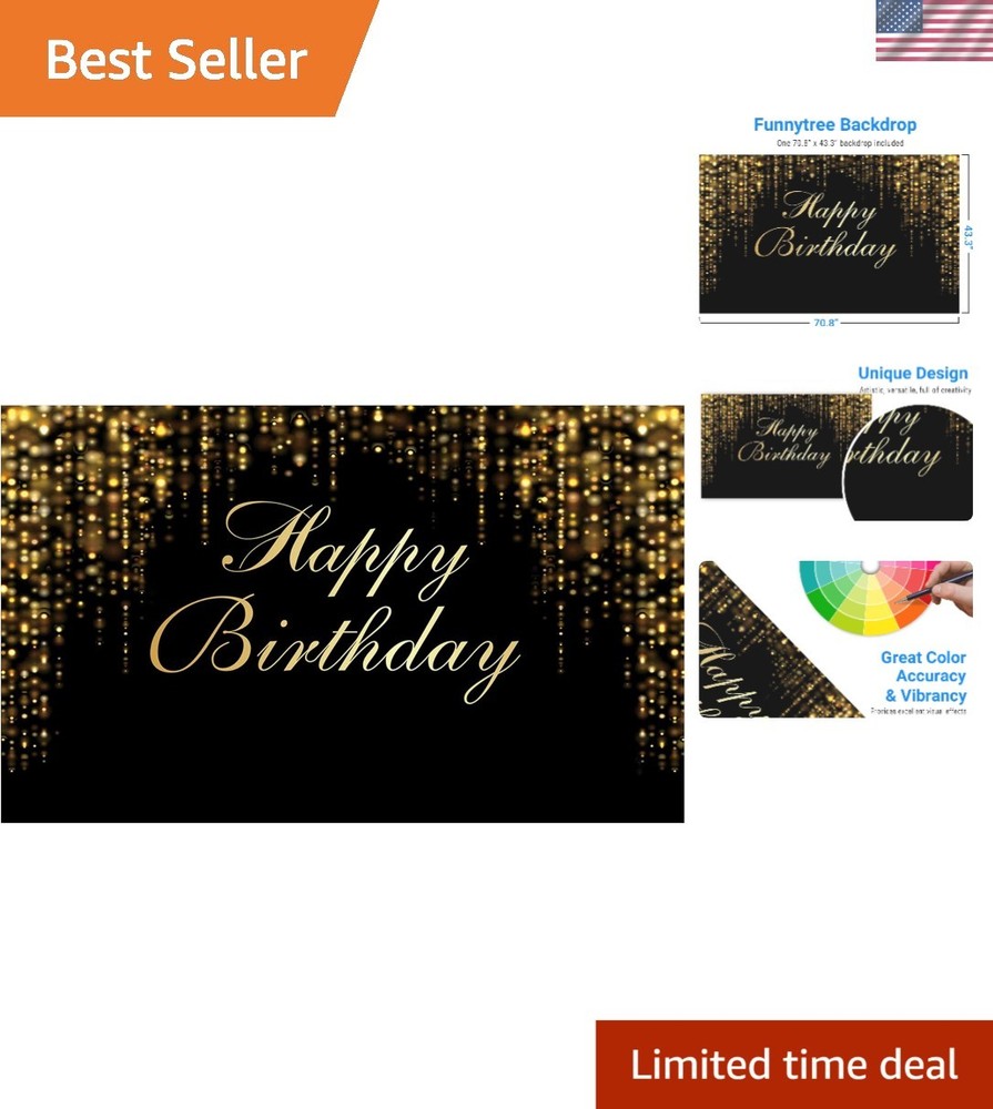 Versatile Vinyl Backdrop for Birthdays – Black & Gold Sparkle Design 70.8×43.3