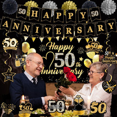 Happy 50Th Wedding Anniversary Decorations Kit, Black Gold Happy 50Th Anniversar