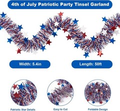 50FT Patriotic Garland, Red White Blue Tinsel 4th of July Decorations,