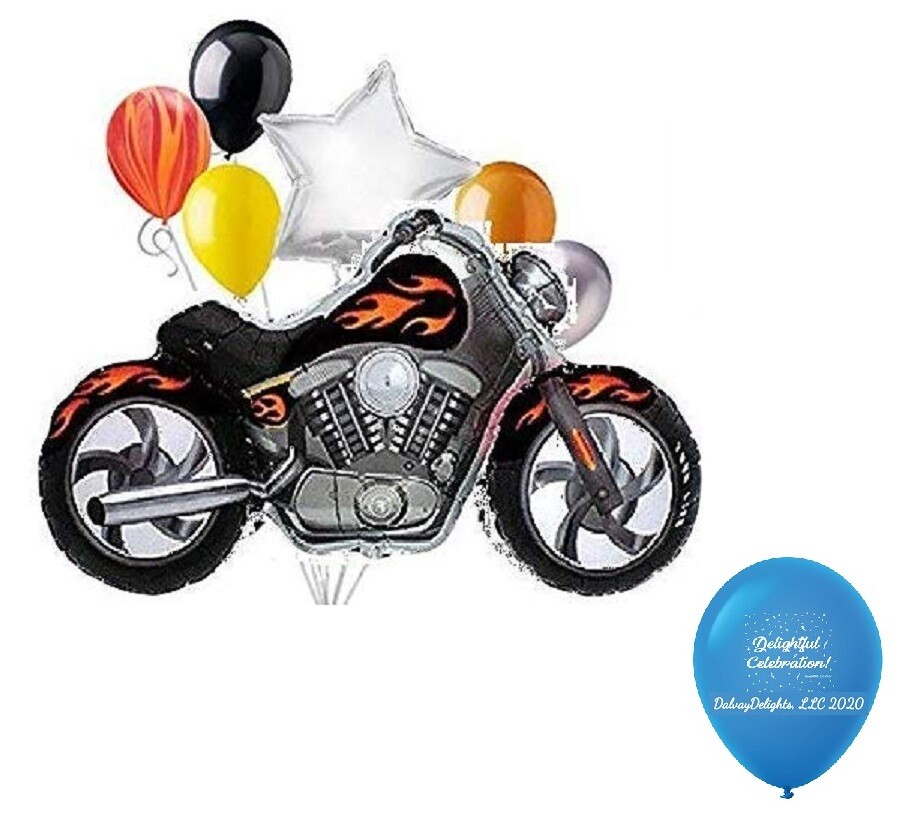 8pc Pieces Black Motorcycle with Orange-Yellow Flames Mylar & Latex Balloon Set
