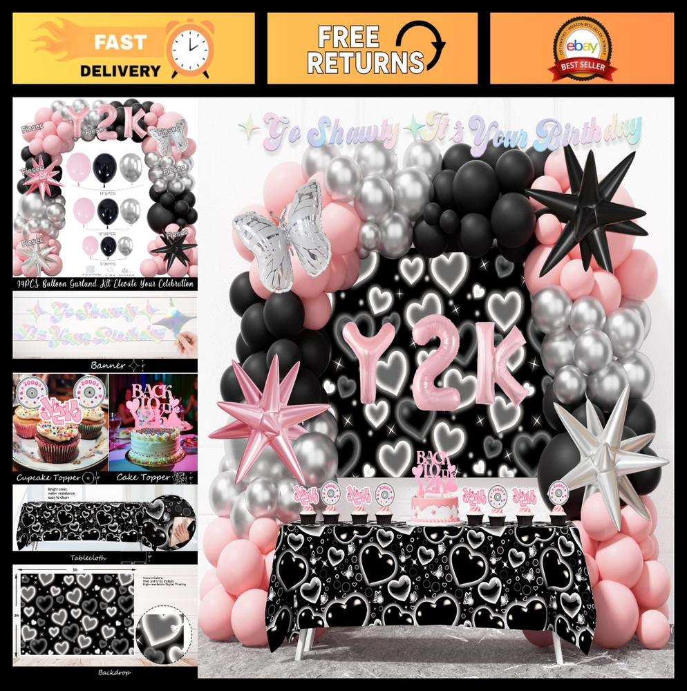 Y2K Party Decorations Set – 109 PCs with Backdrop, Tablecloth, Balloon Garland &