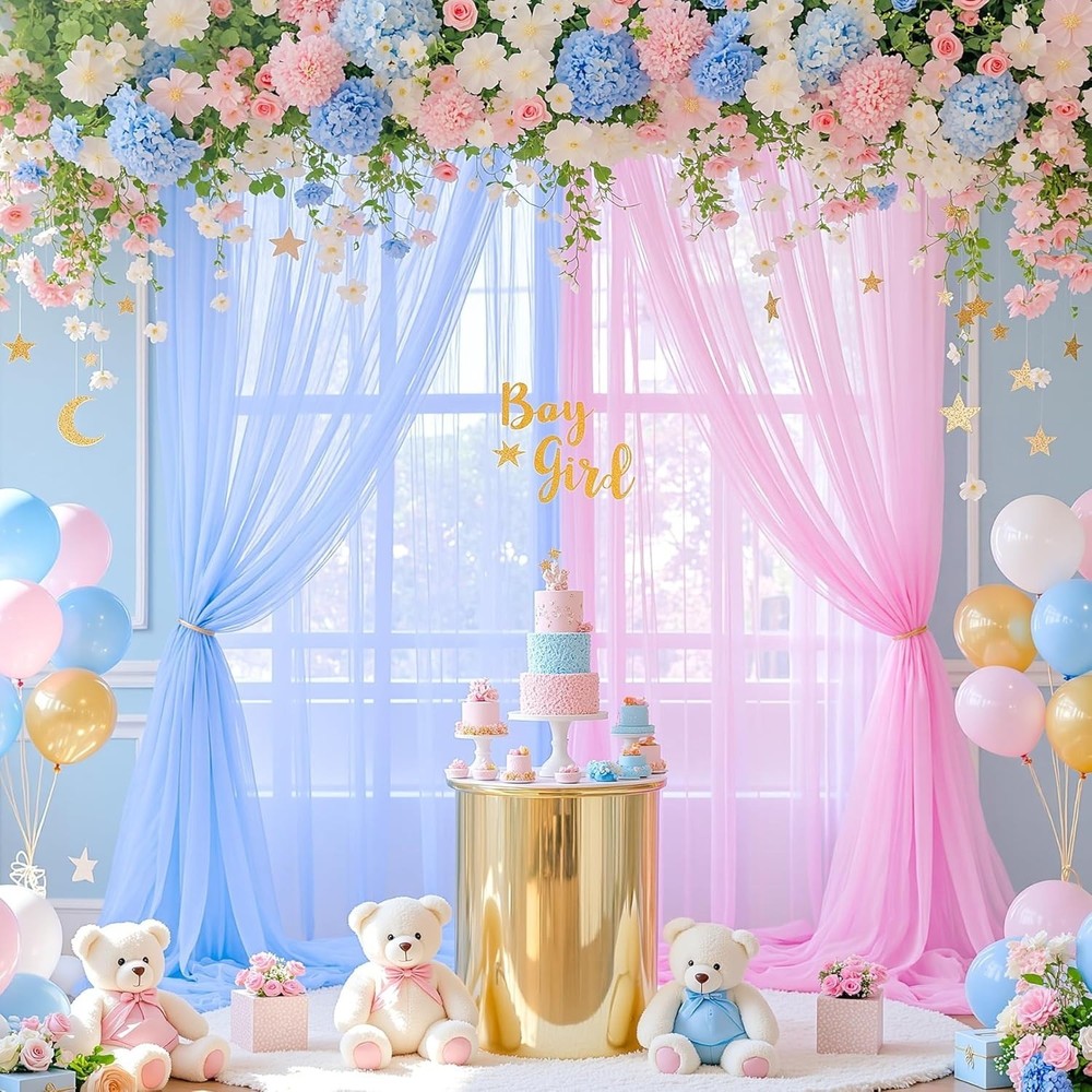 Pink and Blue Backdrop Curtain for Gender Reveal Girl and Boy Party Sheer Tulle