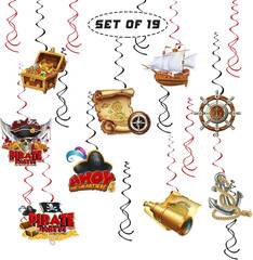 19Pcs Pirate Themed Hanging Swirl Decorations, Treasure Ocean Adventure Streamer