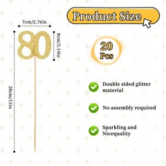 20 PCS 80th Birthday Decorations, Double Sided Glitter 80th Birthday Centerpi…