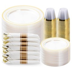 350PCS Gold Plastic Dinnerware Set, Disposable Party Plates for 50 Guests…R1W2